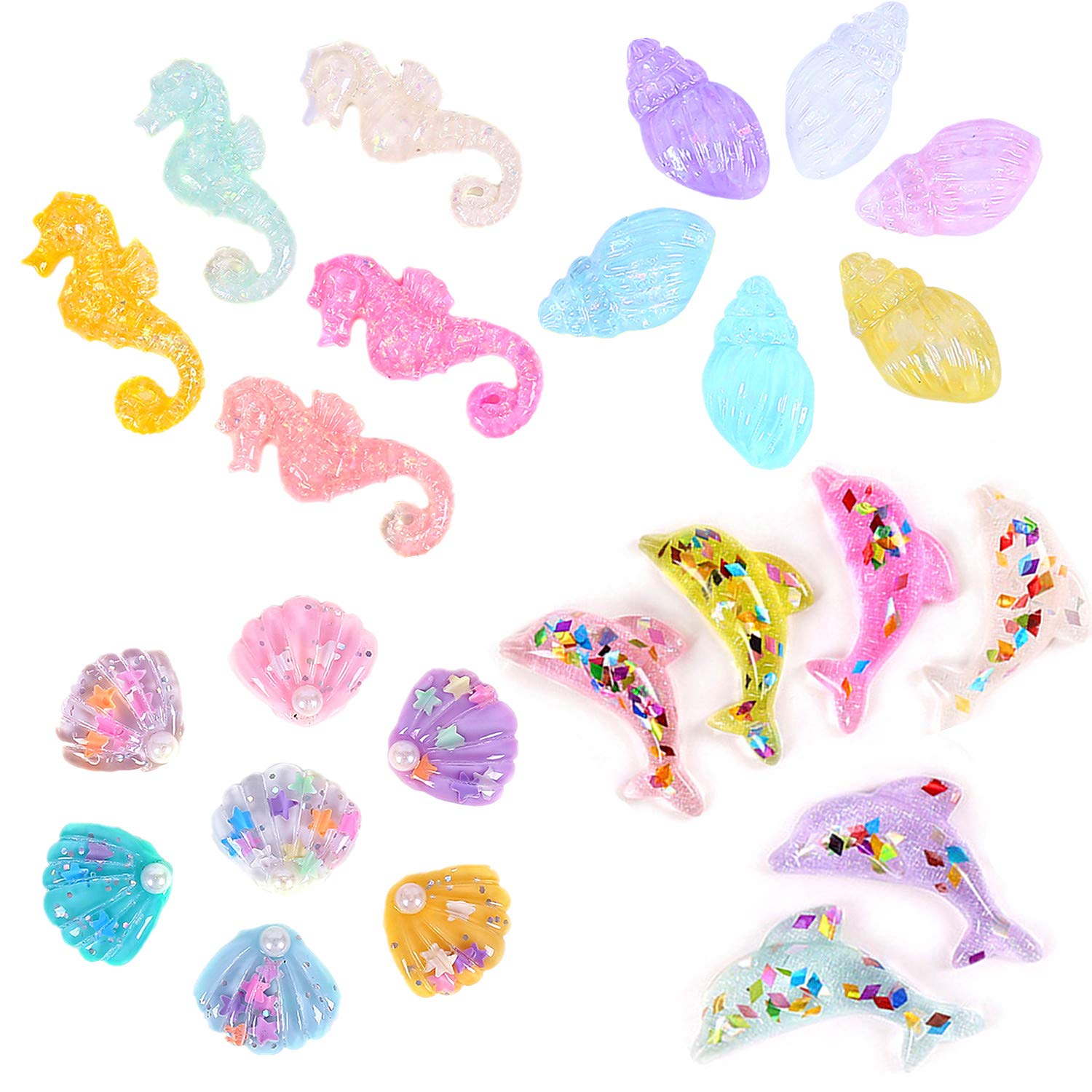 24 Pack Multi Glitter Ocean Animals Seashells Conch Dolphin Seahorse Charms Slices Resin Beads Flatback Buttons for Craft Making Miniature Fairy Garden Accessories Scrapbooking Phone Case DIY