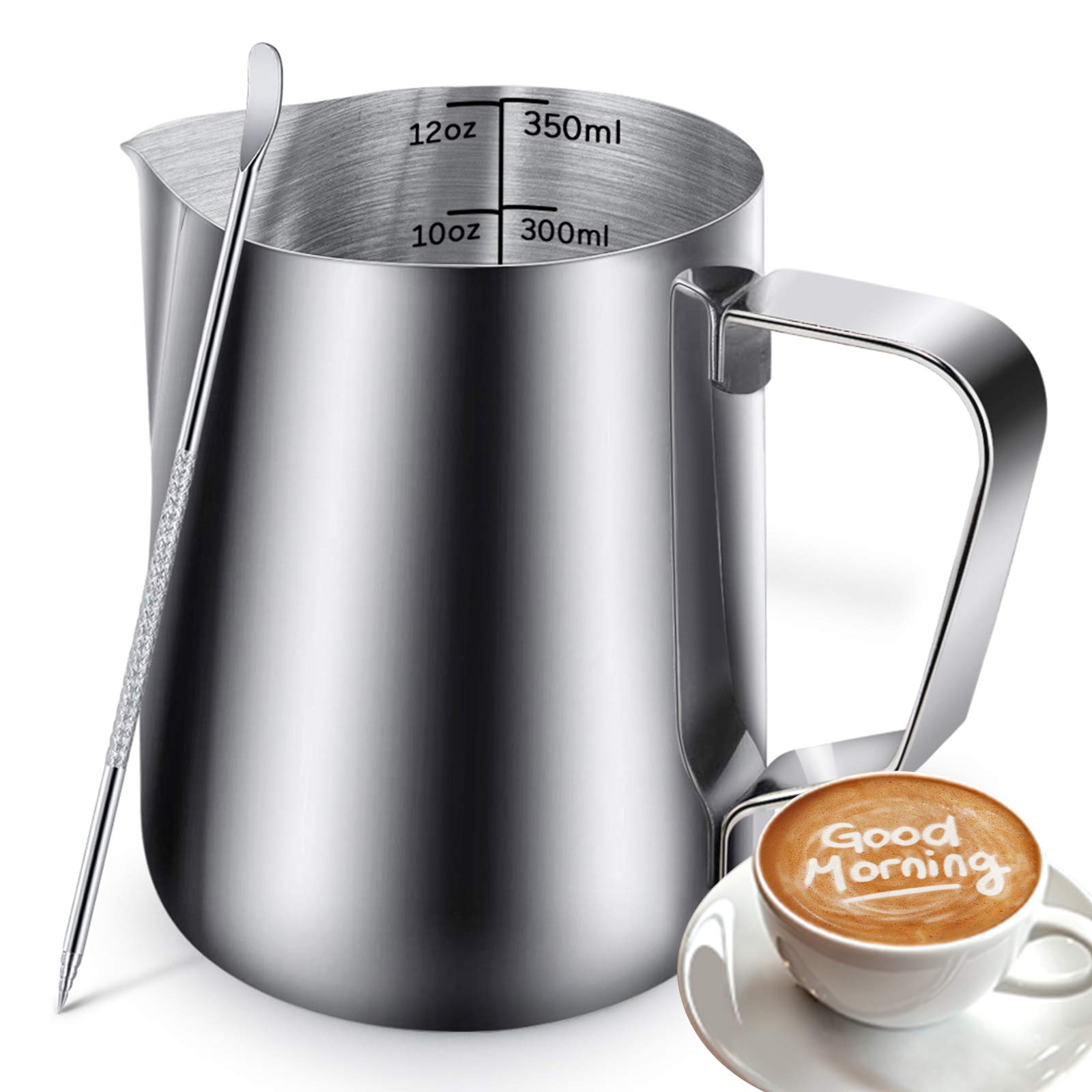 Milk Frothing Jug, Milk Frothing Pitcher Pouring Jug Espresso Cup with Measurement Inside 350ml/12OZ Stainless Steel Creamer Cup with Latte Art Pen for Making Coffee Cappuccino Hot Chocolate Machine