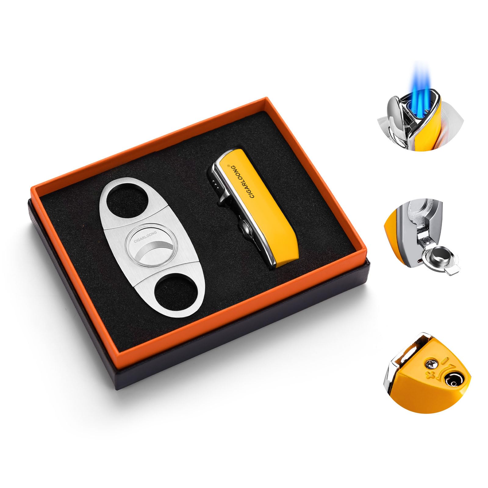 CIGARLOONG Cigar Cutter and Lighter Set Double Blade Simple Cigar Guillotine and 3 Jet Torch Blue Flames Refillable Lighter(Color:Yellow)