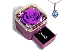 Otuo Preserved Roses Gift Jewerlry Box, Real Eternal Rose Flower with Necklace, Gifts for Girlfriend, Mom, Women, Wife, Birthday and Valentine's Day (Purple)