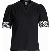 Anne Klein Women's Flutter Sleeve V Neck Lace Trim Top