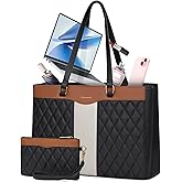 RAINSMORE Laptop Bag for Women 15.6 Inch Work Tote Bags Leather Laptop Tote Professional Laptop Purse Computer Handbag Womens Briefcase Tote with Clutch for Teacher Office Travel, Black Brown & White