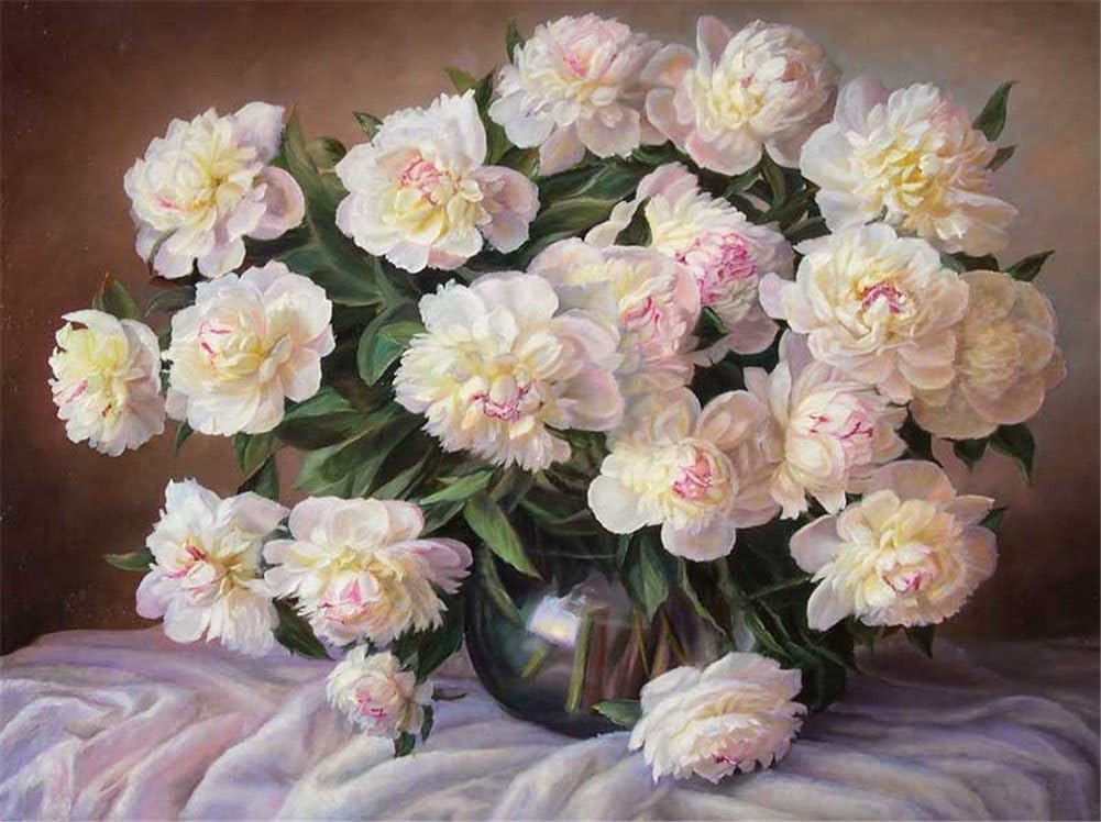 YEESAM ART DIY Paint by Numbers for Adults Beginner Kids Blooming White Flowers 16x20 inch Linen Canvas Acrylic Stress Less Number Painting Gifts