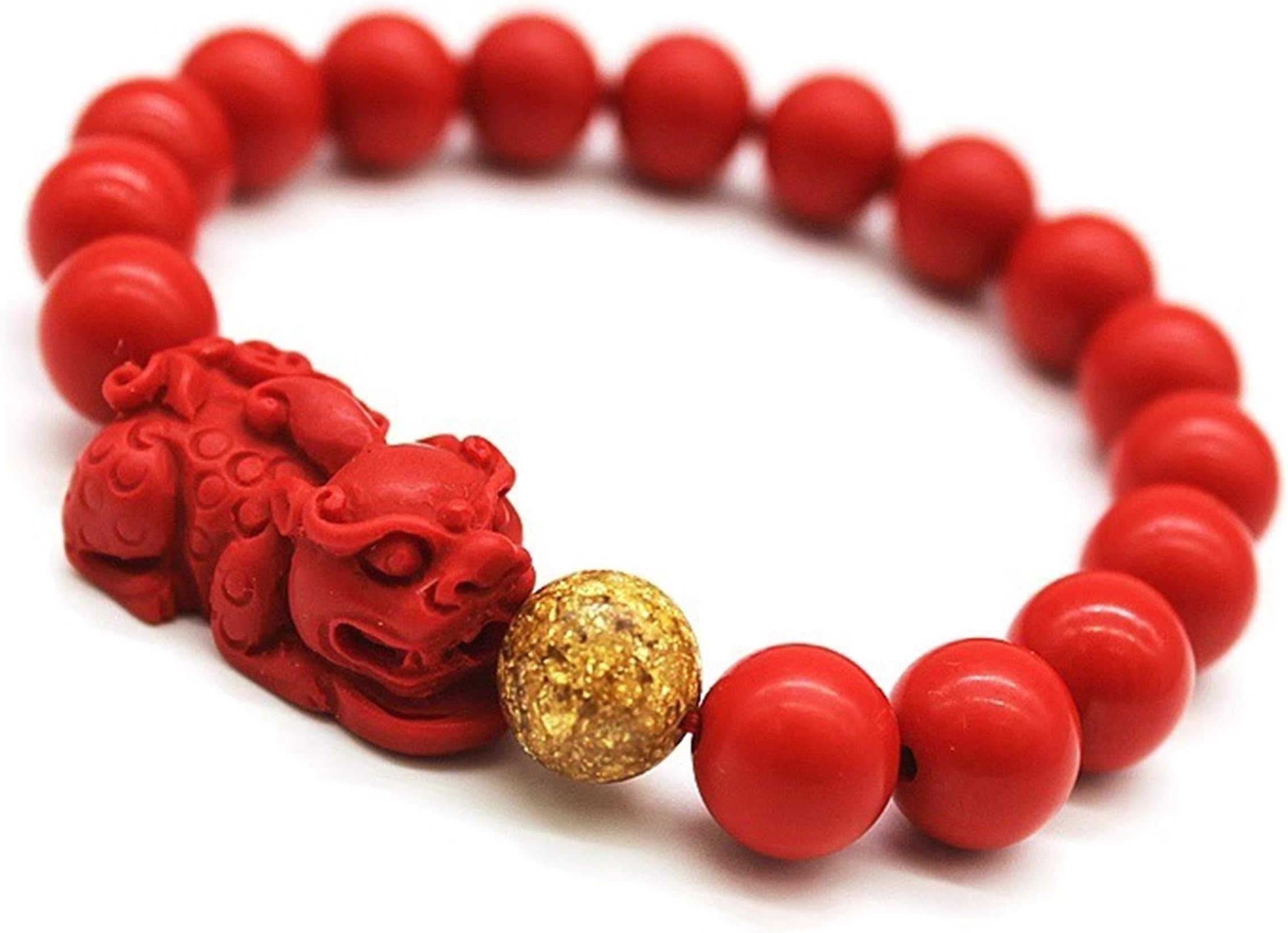 Wening Chinese Red Cinnabar Beads Bracelet Golden Sand Gold Foil Stretch Bracelet Lucky Gift (Pixiu)