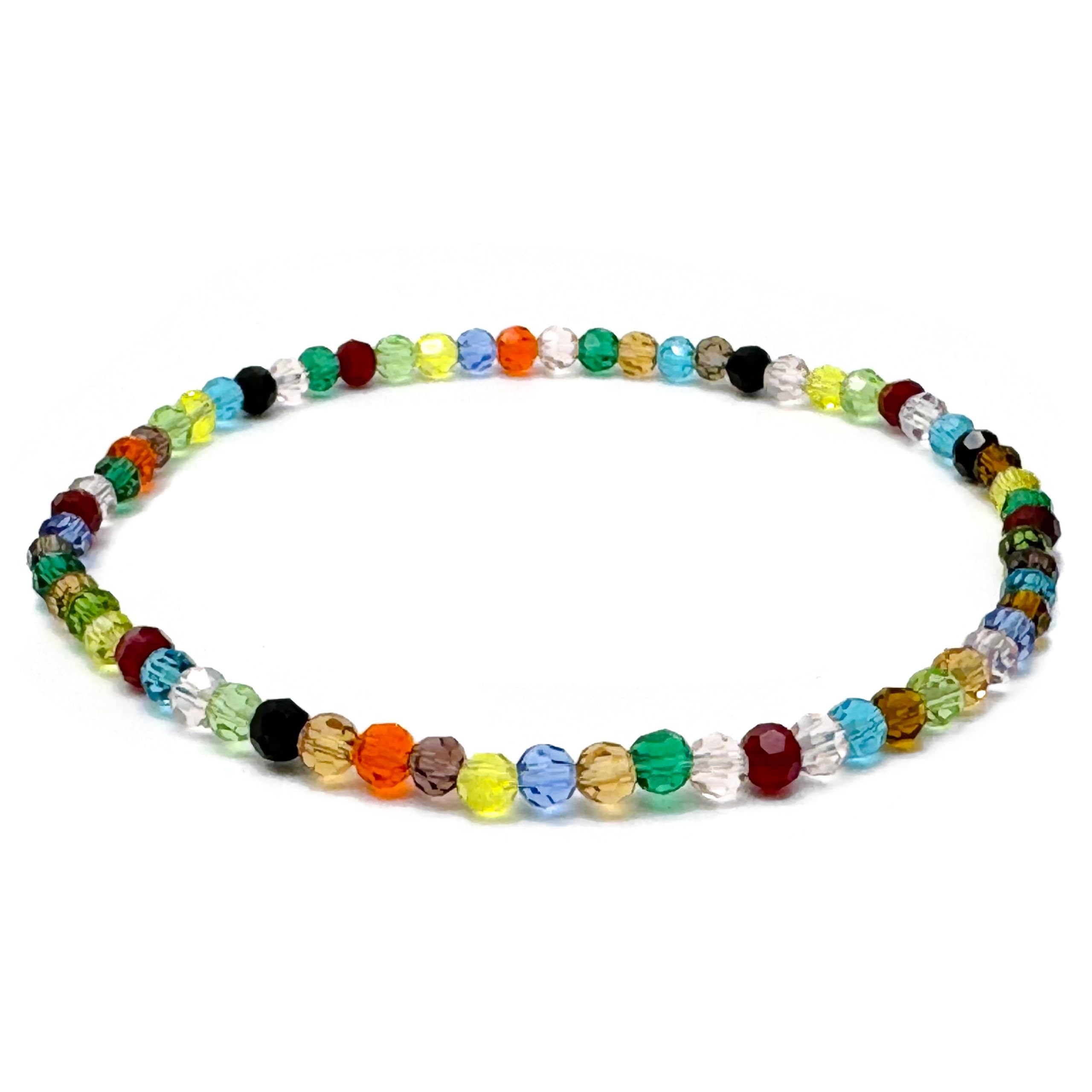 Colourful Bead Anklet for Women, Faceted Glass Beads on Elastic, Handmade Multi-Colour Design : Small/Medium 9.5 inches, 4mm Beads in Fresh Warm Colour Mix, Ankle Jewellery