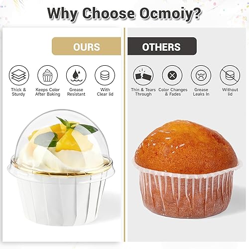 Ocmoiy 100 Cupcake Linners with Dome Lids and Sporks, Disposable