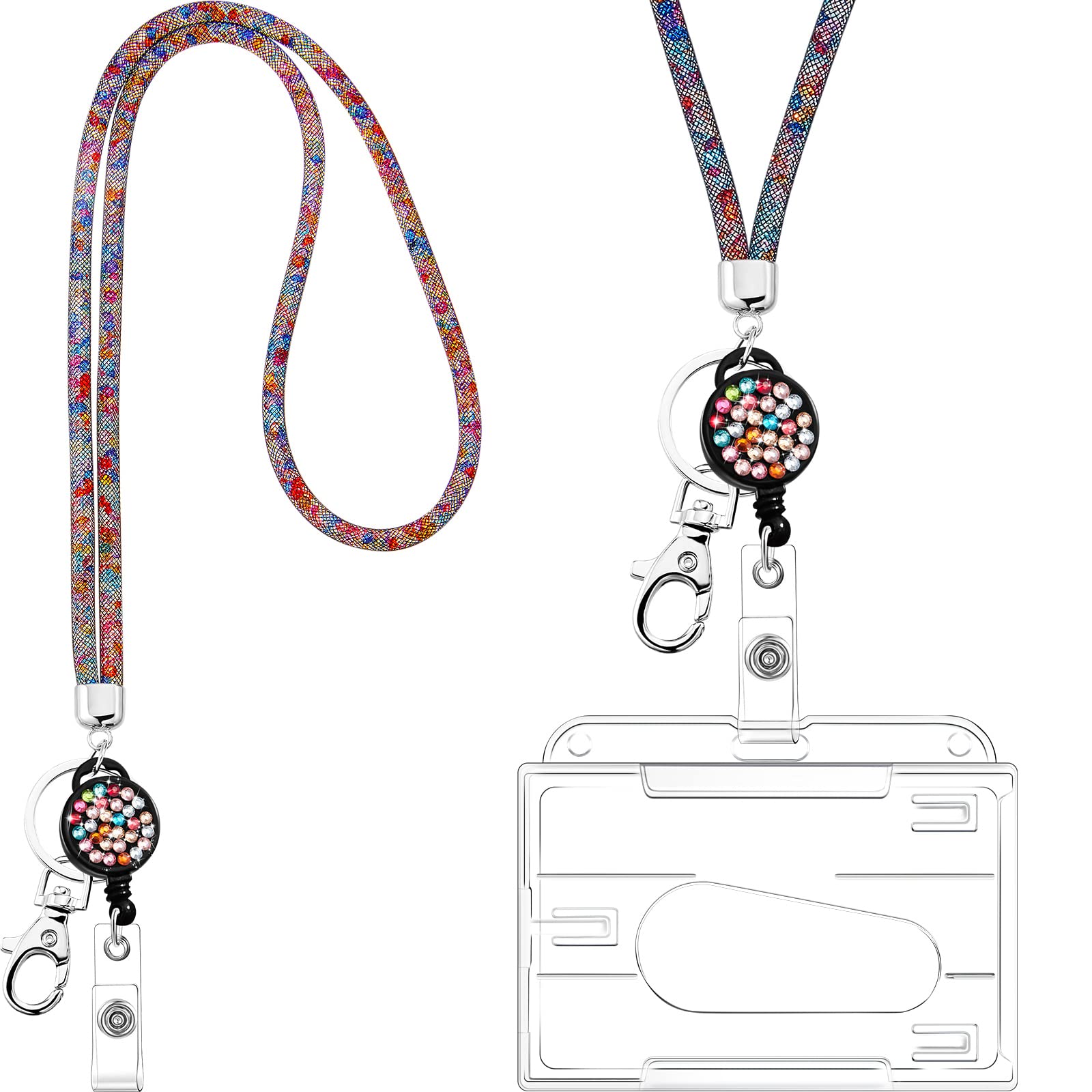 Frienda Badge Holder with Lanyard, Crystal Lanyard Necklace with Transparent ID Card Holder Keyring, Bling Rhinestone Clear Badge Holders Neck Strap for Keys ID Badge (Black, Multicolor)
