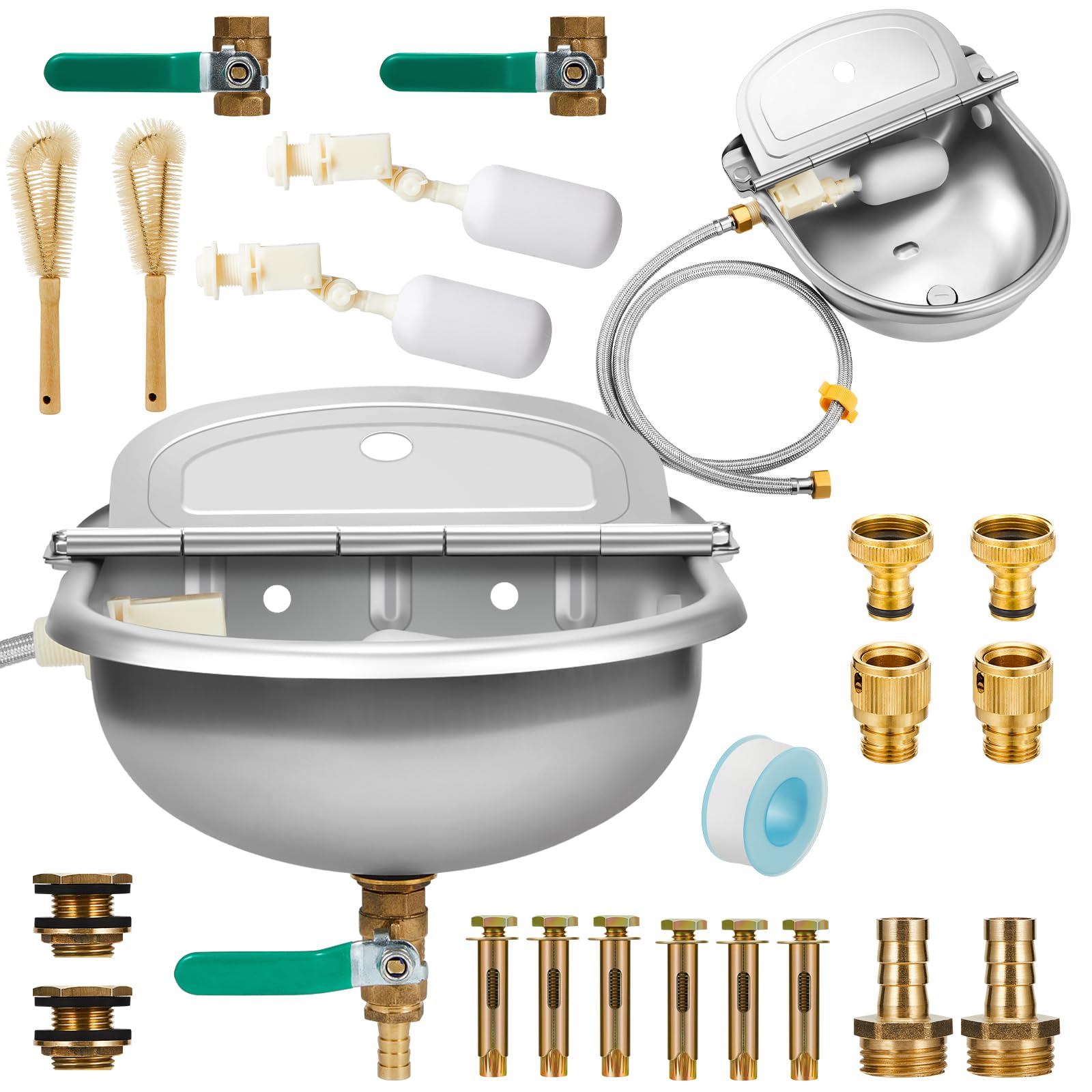 Photo 1 of 2 Set 1gal/4l Automatic Water Dispenser for Dogs Animal Drinking Bowl with Float Valve Stainless Steel Auto Waterer Outdoor Livestock Water Trough with Pipe Bolt for Horse Goat Chicken