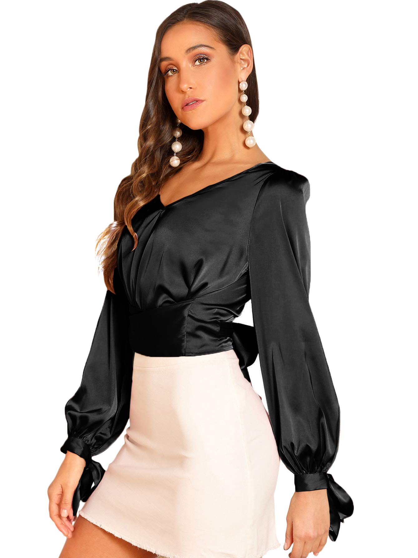 SheIn Women's Elegant V Neck Self Tie Knot Long Sleeve Satin Blouse Shirt Top
