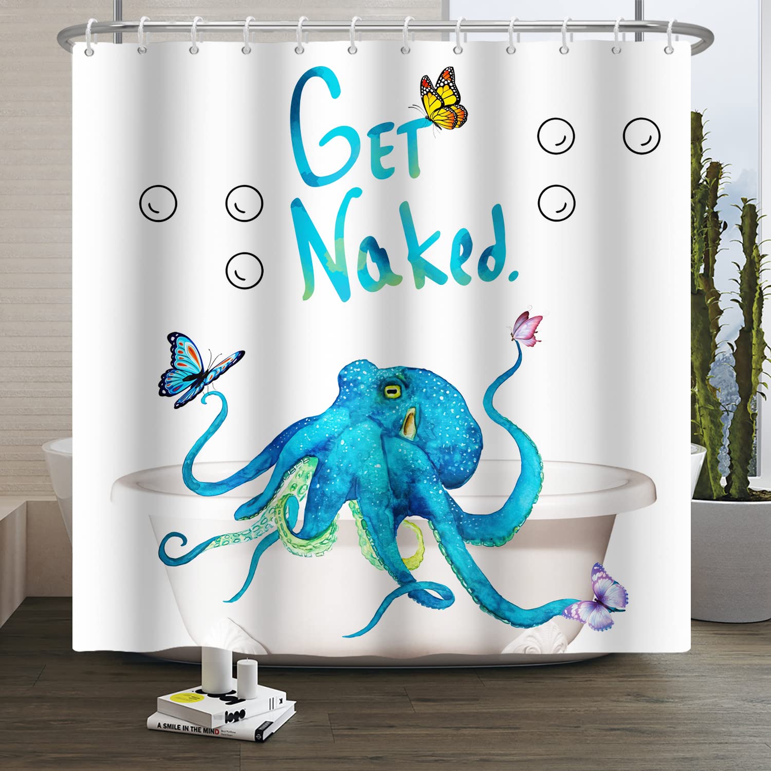 SDOTPMT 105x160cm Get Naked Shower Curtain Cute Cartoon Octopus in the Bathtub Butterfly Bath Curtain Ocean Creature Theme Curtain Waterproof Polyester for Child Bathroom Decor with Hooks
