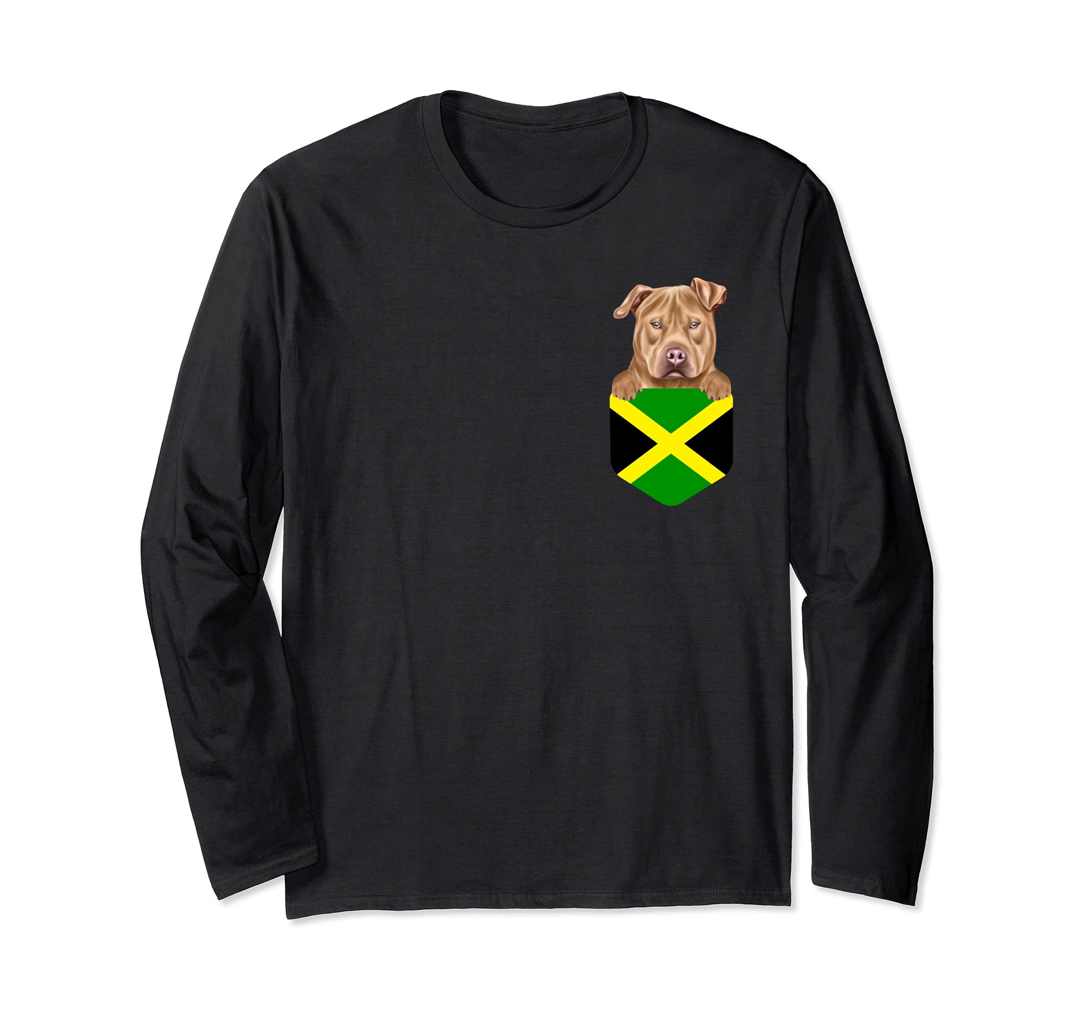 Jamaica Flag Usa Staffordshire Terrier Dog In Pocket Long Sleeve T-Shirt