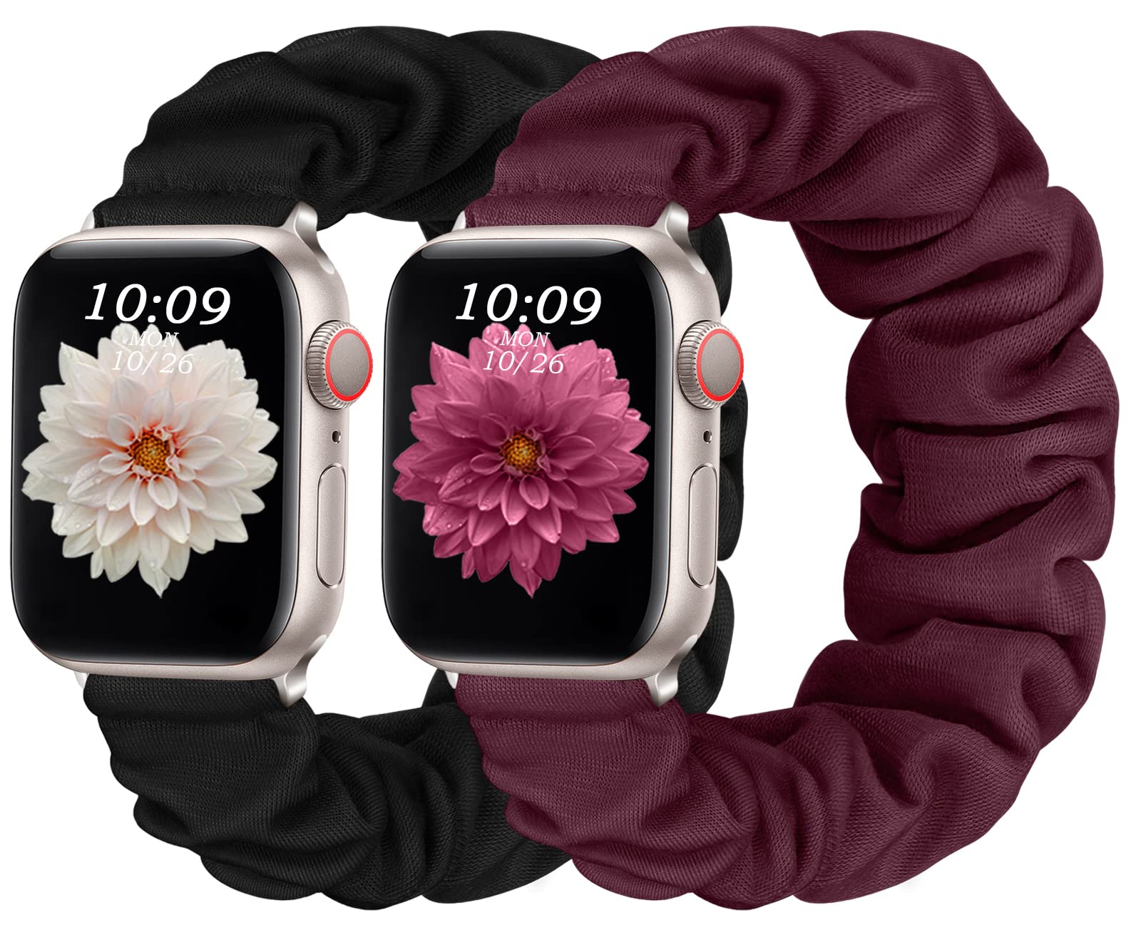 CeMiKa 2pack Elastic Adjustable Straps Compatible with Apple Watch Strap 38mm 40mm 41mm 42mm, Cute Printed Scrunchie Strap for iwatch Series 10 9 8 7 6 5 4 3 SE, Women Men, Black/WineRed