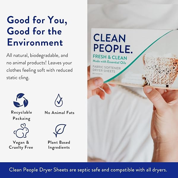 THE CLEAN PEOPLE FABRIC SOFTENER SHEETS – DRYER SHEETS – SOFTENS & REMOVES STATIC CLING – VEGAN LAUNDRY SOFTENER WITH ESSENTIAL OILS – FRESH SCENT, 120 PACK