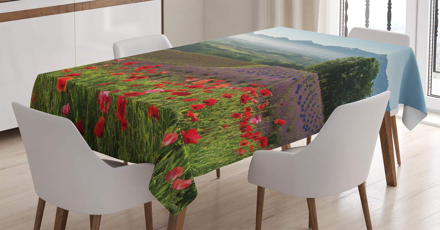 ABAKUHAUS Flower Tablecloth, Poppy Flower Lavender Farm Foggy Morning Agriculture Outdoor Crops Red Purple Art, Dining Room Kitchen Table Cover, 54" x 94", Green Red