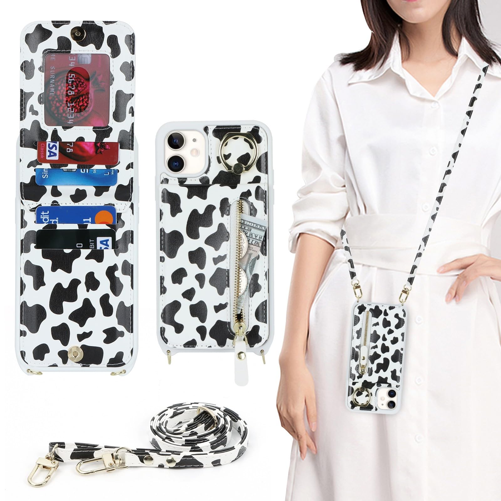 Zouzt for iPhone 12/12 Pro Case with Cord and Card Holde, Zipper Wallet Case with Crossbody Lanyard Ring Adjustable Necklace Protective Cover Women for iPhone 12/12 Pro 6.1 Inch - Cow Print Black