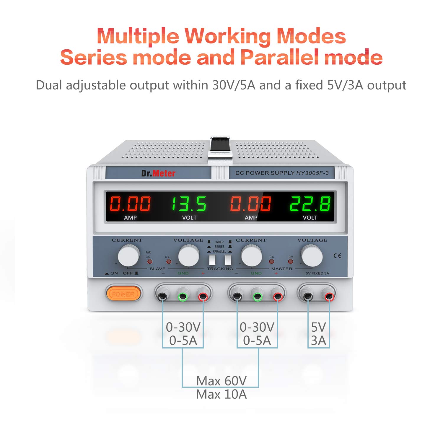 Dr.meter Triple Linear Variable DC Power Supply, Adjustable 30V/5A, Series and Parallel Mode(MAX 60V/10A) Input Voltage 104-127V, with Alligator Leads to Banana and AC Power Cable: Power Distribution Units: Industrial & Scientific