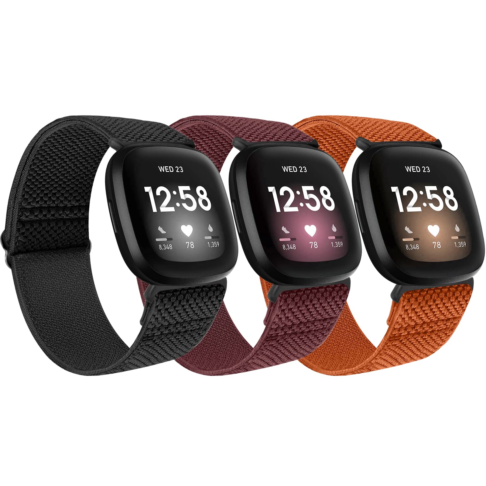 SHIJZWD 3 Packs Elastic Watch Strap Compatible with Fitbit Versa 4/Versa 3/Fitbit Sense 2/Fitbit Sense, Soft Breathable Nylon Sports Loop Band Stretchy Adjustable Replacement Wristband for Women Men