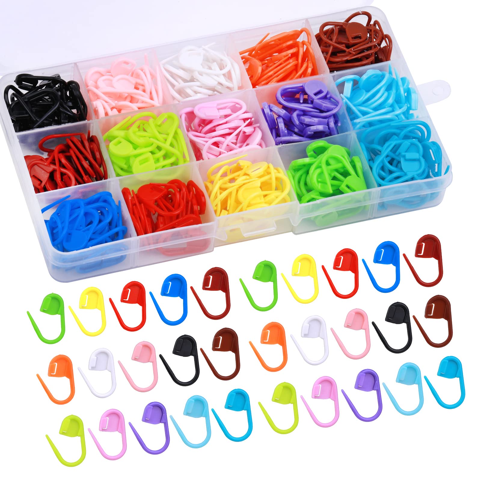 300 Pcs Stitch Needle Clip, 15 Colors Plastic Locking Stitch Needle Clip with Clear Storage Box Crochet Stitch Markers for Crocheting and Knitting DIY Handicraft Buckle Marker
