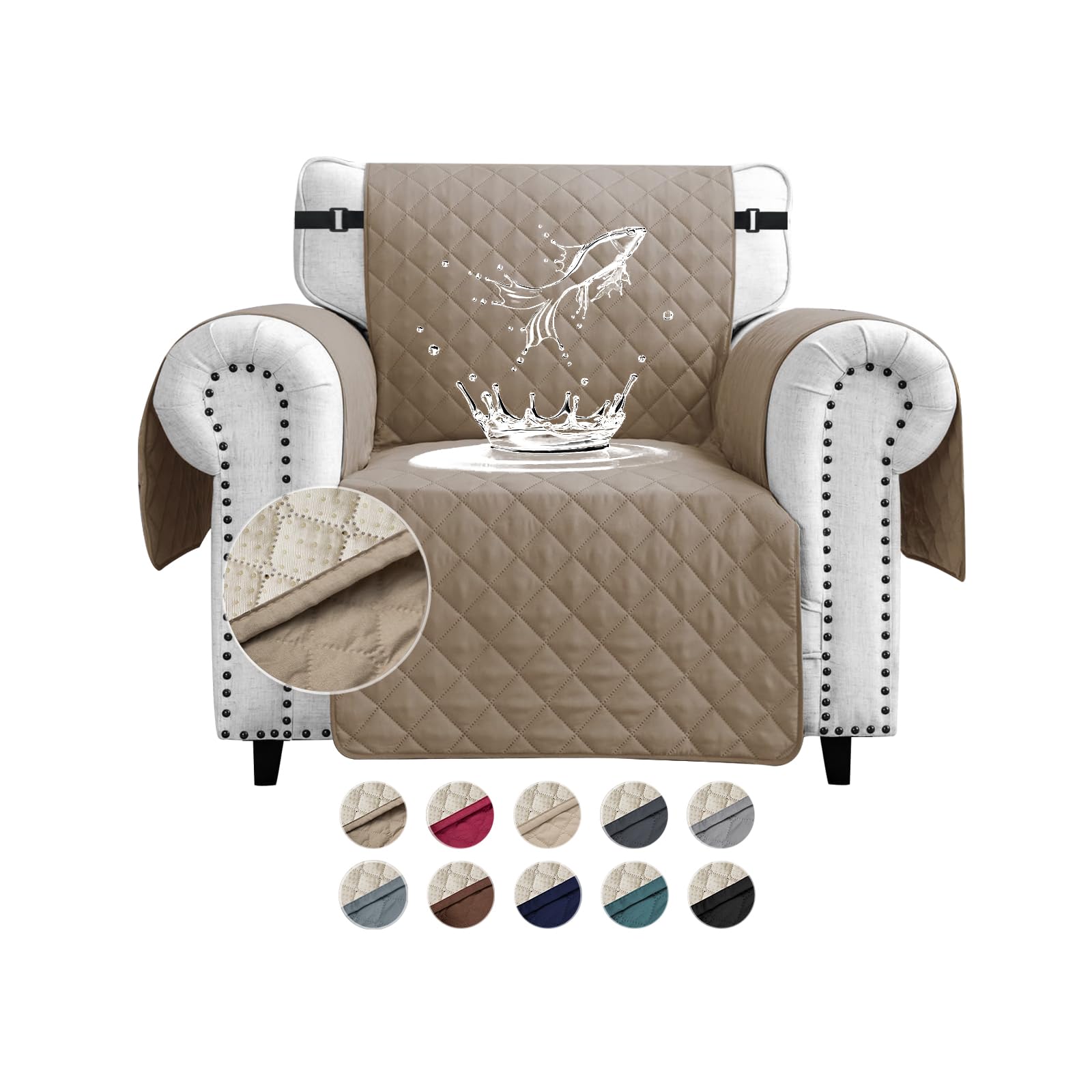 FIGOOO Sofa Covers Water Resistant Sofa Slipcovers 1 Seater Waterproof Anti-Slip Anti-Scratch Sofa Cover with Non Slip Elastic Straps for Dogs Cats Pets,khaki