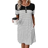 RoseSeek Women's Casual Summer Dresses 2025 Short Sleeve Crewneck Striped Button Front Mini Tshirt Dress with Pockets