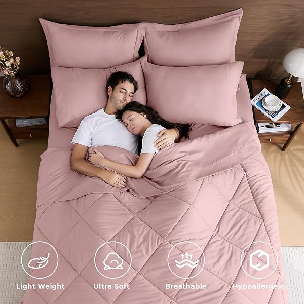 HEVUMYI DUSTY PINK FULL COMFORTER SET – 7-PIECE ALL SEASON BED IN A BAG FULL, ULTRA SOFT BEDDING SET WITH COMFORTER, FLAT SHEET, FITTED SHEET, PILLOWCASES, PILLOW SHAMS