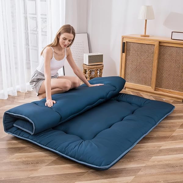 MAXYOYO JAPANESE FLOOR MATTRESS FUTON MATTRESS, THICKEN SLEEPING PAD FOLDABLE ROLL UP FLOOR FUTON FOR ADULTS TATAMI MAT DORMITORY BED LOUNGER, BLUESTONE, FULL SIZE