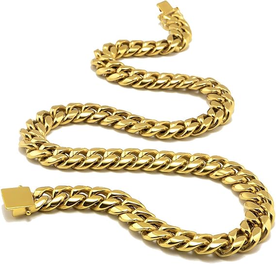 Amazon 14ktゴールドチェーンネックレス メンズ レディースダイヤモンドカットキューバリンク14kリアルゴールドメッキヒップホップ6mm 14mmソリッドクラスプ付き ネックレス 通販