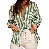GORGLITTER Women's Striped Button Down Shirt Dressy Long Sleeve Blouses Business Casual Collared Office Siren Work Shirt Green X-Large