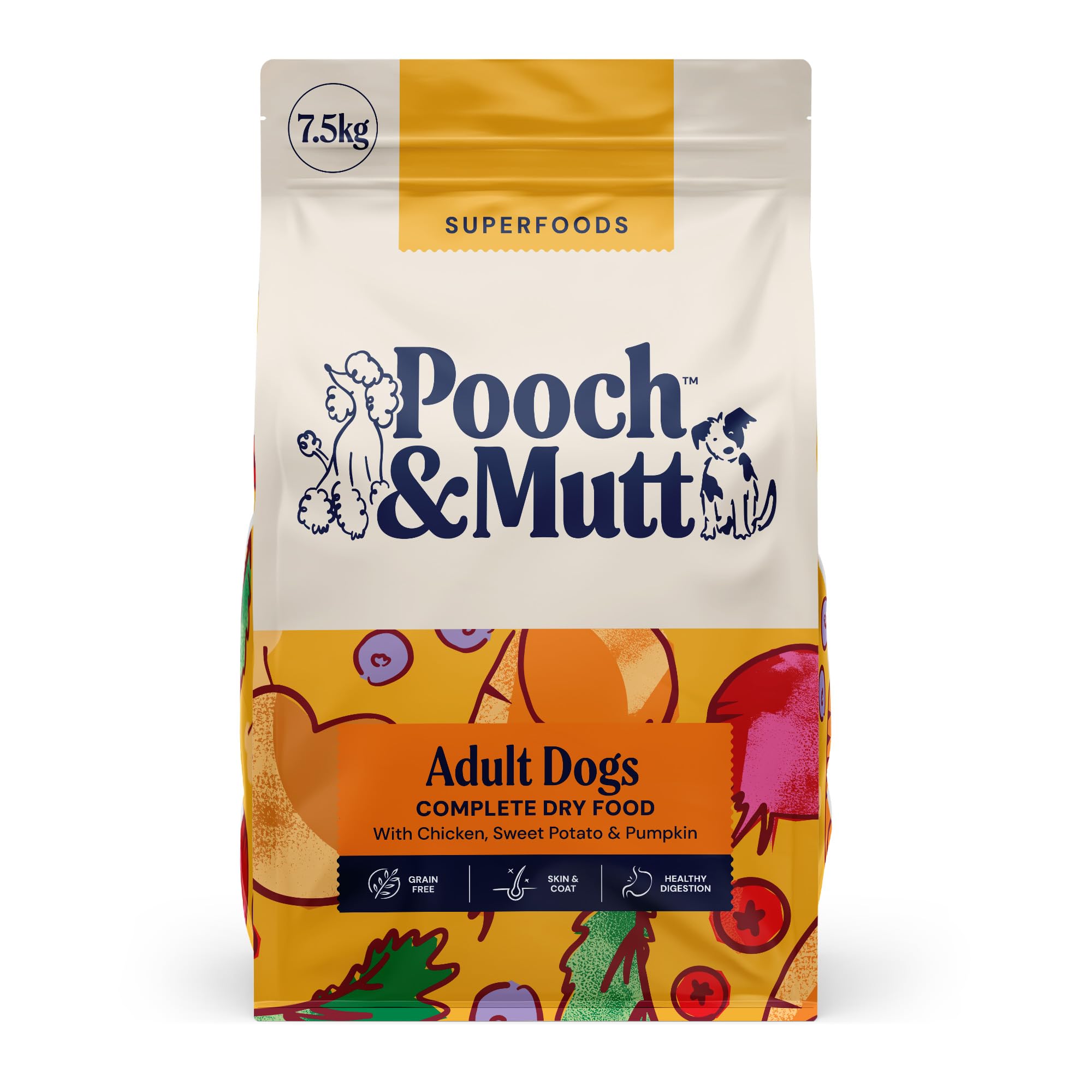 Pooch & Mutt - Adult Superfood Complete Dry Dog Food Grain Free (Regular Sized Kibble), Chicken, 7.5kg (packaging may vary)