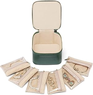 Vlando Reise-Schmuck-Organizer, Lehrer-Wertschätzungsgeschenke, Schmuckschatulle mit 6 Samtbeuteln mit Reißverschluss für Frauen, Hochzeit, Geburtstag, Geschenk-Box, Verpackung, Grün