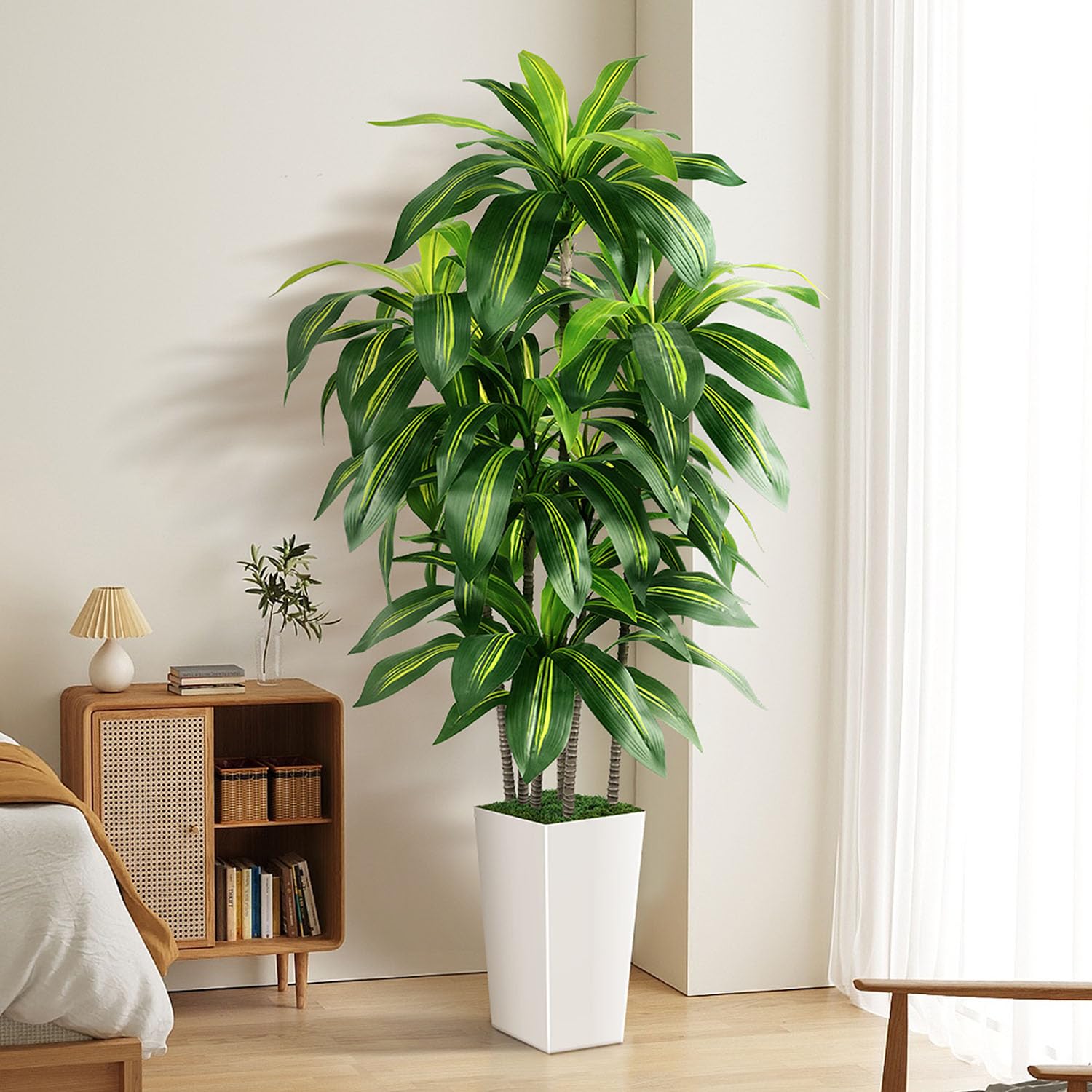 Photo 1 of Artificial Dracaena Tree Indoor, 5FT Tall Fake Tree with White Tall Planter, Artificial Tree Fake Yucca Potted Tree for Home Office Living Room Decor Tall Artificial Plant for Housewarming