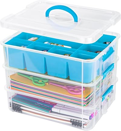 Creahaus 3 Layer Stackable Storage Boxes with Removable Tray Blue