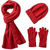 Villand 3 in 1 Womens Wool Hat Gloves & Scarf Winter Set, 3 Piece Cable Knitted Beanie Hat for Women with Gift Box