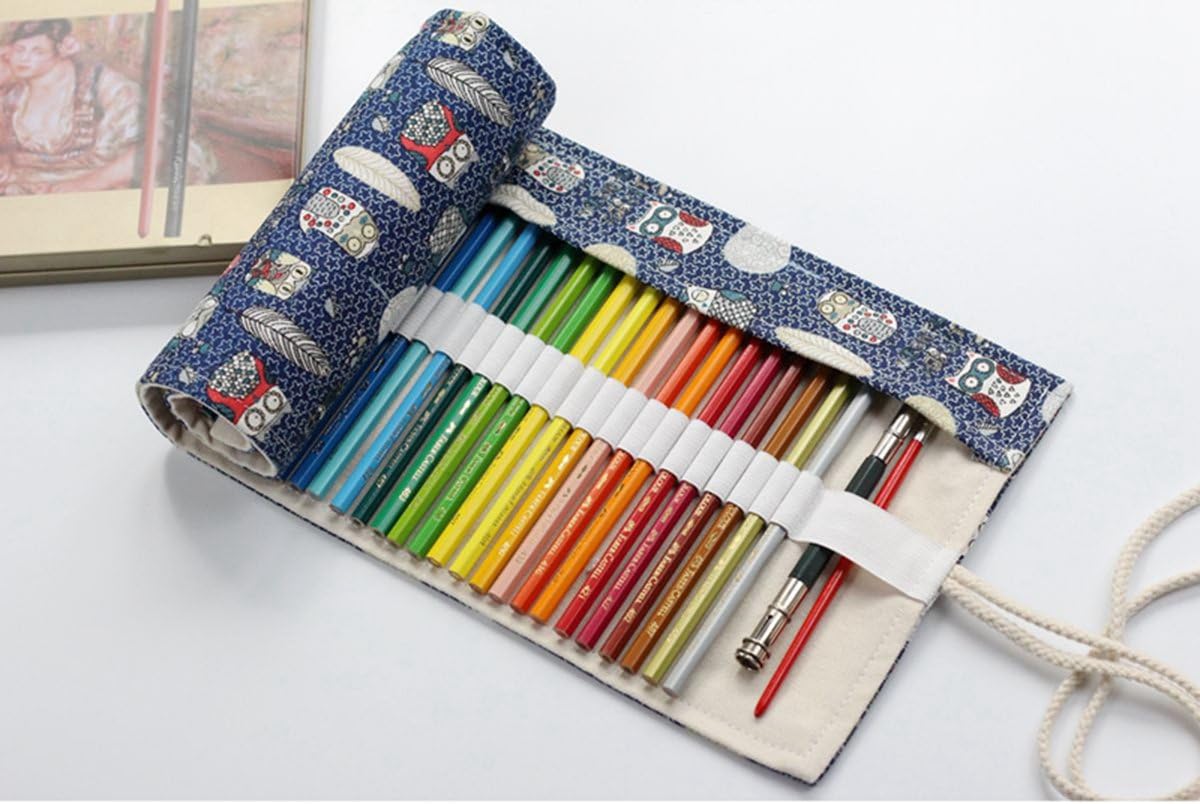 Original Designe Pure Handmade Triditional Style Colored Art Canvas Pencil Wrap Pencil Curtain Case(Blue Owl 36slots)