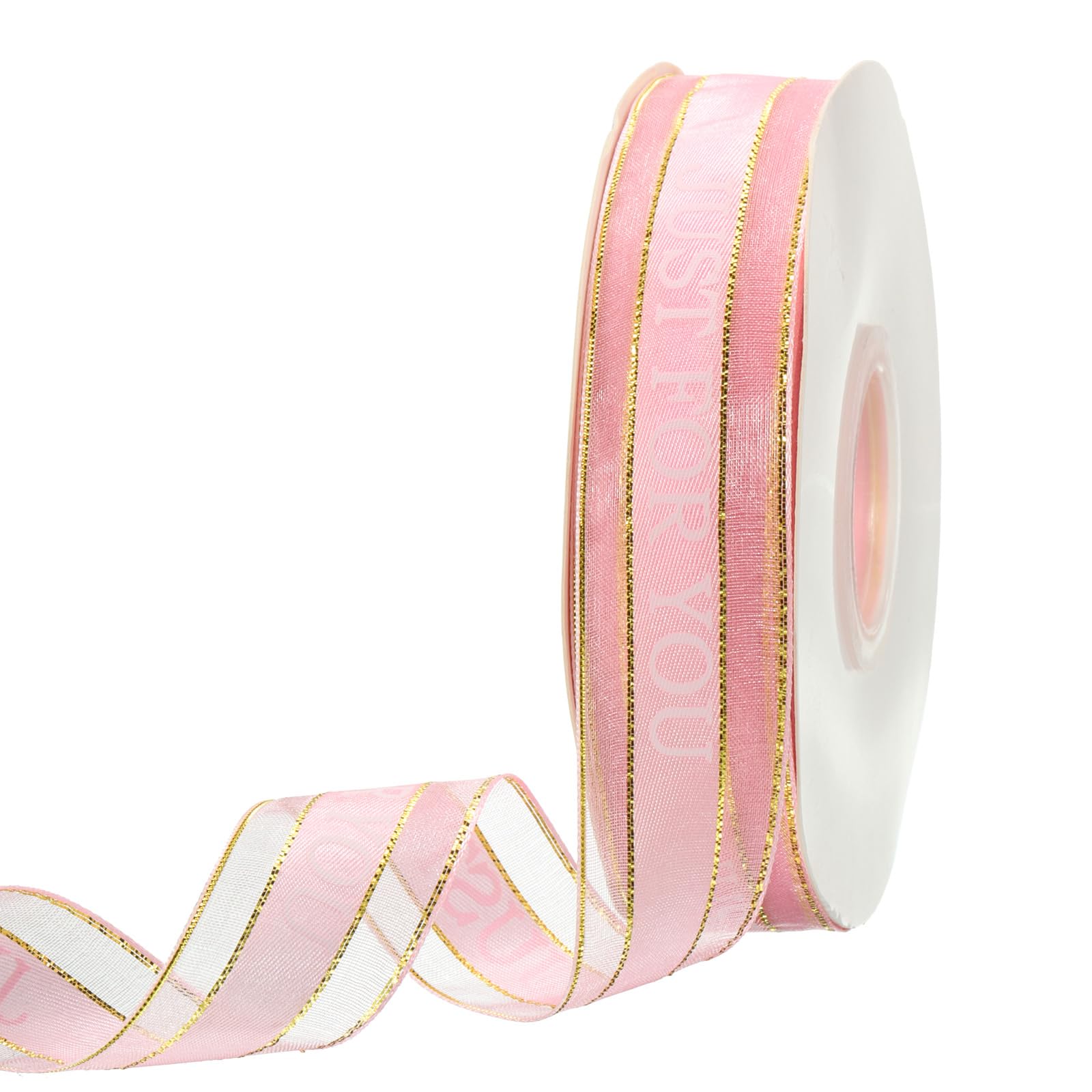 PATIKIL 1 Inch x 46 Yard Organza Chiffon Ribbon, Golden Edge JUST for You Gift Wrapping Ribbon for Bouquet Cake Invitations Card Decor Home Party Decoration, Pink