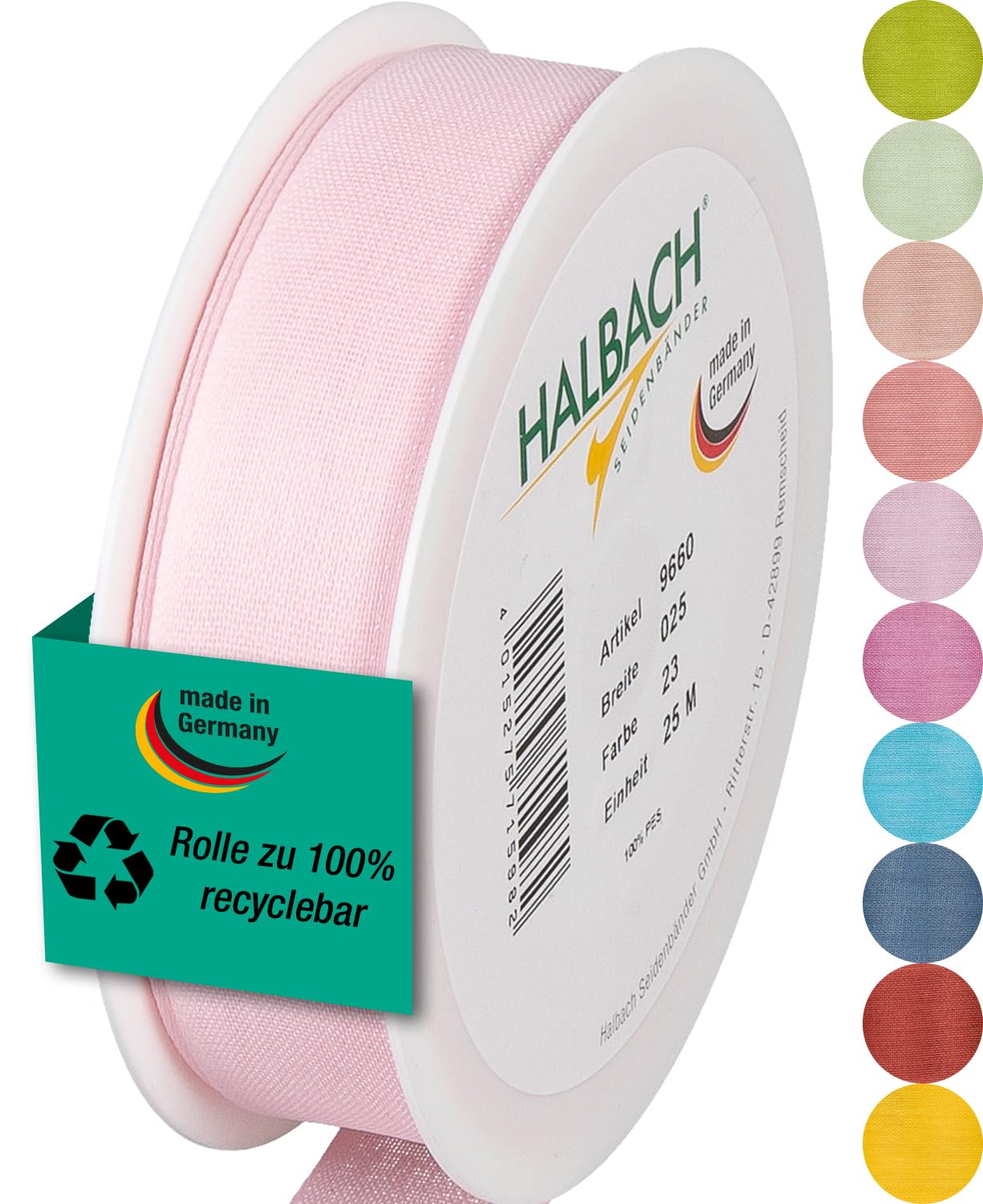 Halbach Seidenbänder Gift Ribbon, Width 25 mm, Length 25 m, Ribbon Made in Germany, Gift Ribbons in a Variety of Colours and Widths Perfect for Packaging and Decorating, Colour: Pale Pink
