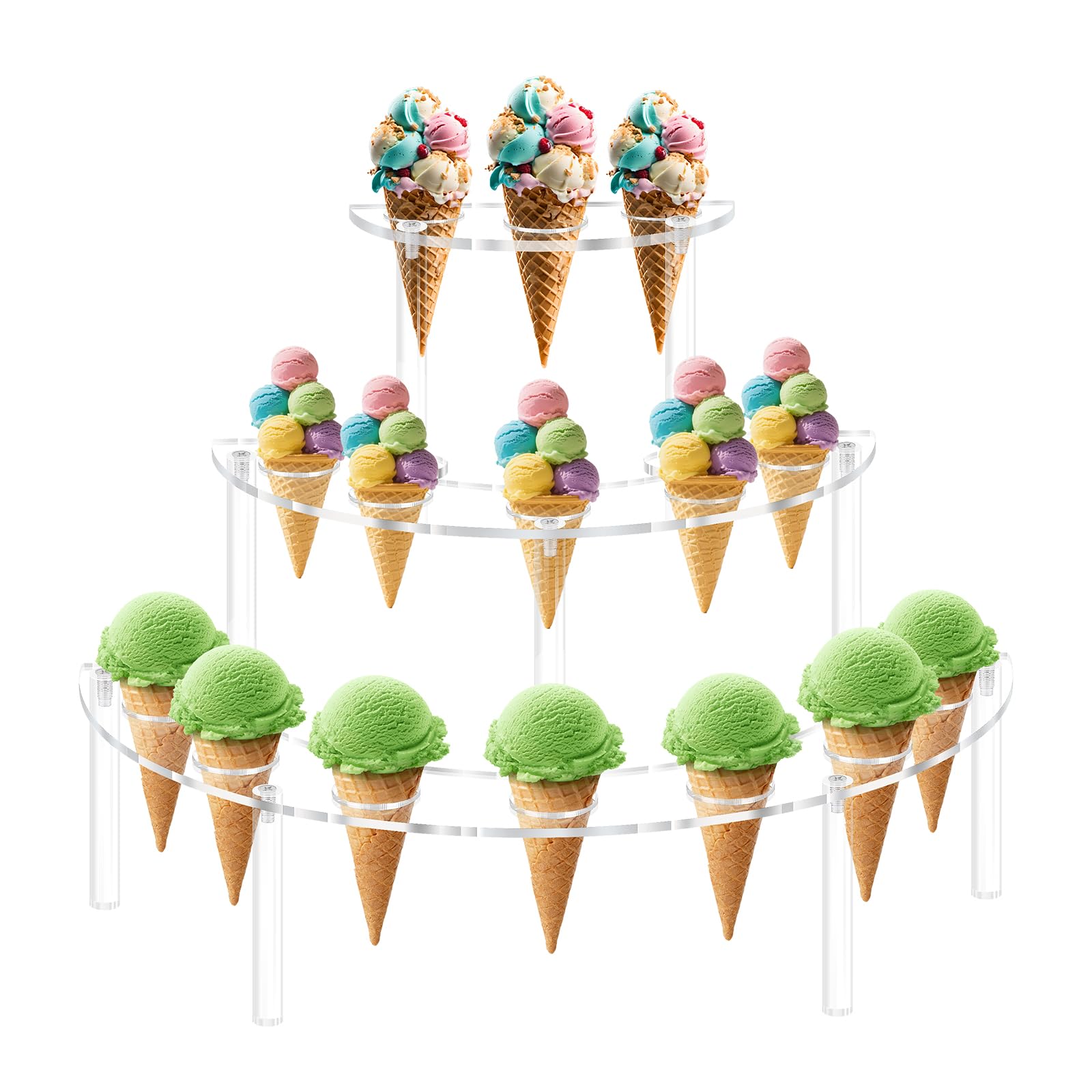 Photo 1 of 15 Holes Acrylic Ice Cream Cone Holder, 3 Tier Clear Food Display Stand Rack, Half Moon Cone Display Stand for Birthday Parties, Weddings, Christmas