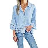 Cicy Bell Womens 3/4 Bell Sleeve Button Down Shirts Casual Ruffle Hem Tops Eyelet Blouse