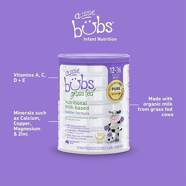 AUSSIE BUBS GRASS FED NUTRITIONAL MILK-BASED TODDLER FORMULA, FOR KIDS 12-36 MONTHS, MADE WITH NON-GMO ORGANIC MILK, 28.2 OZ