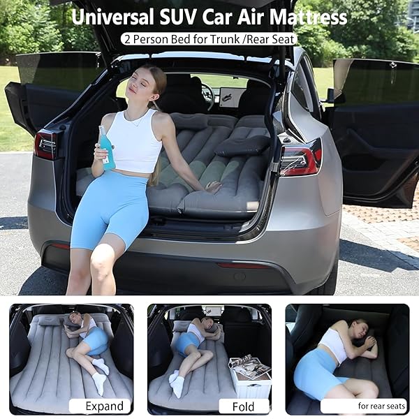 HANDZEE CAR AIR MATTRESS, INFLATABLE BED COMPATIBLE WITH TESLA MODEL Y, THICKENED COMFORTABLE DURABLE, FOLDABLE MATTRESS FOR TRUNK/REAR SEAT, AIR BED FOR SLEEPING CAMPING TRAVEL (GREY)