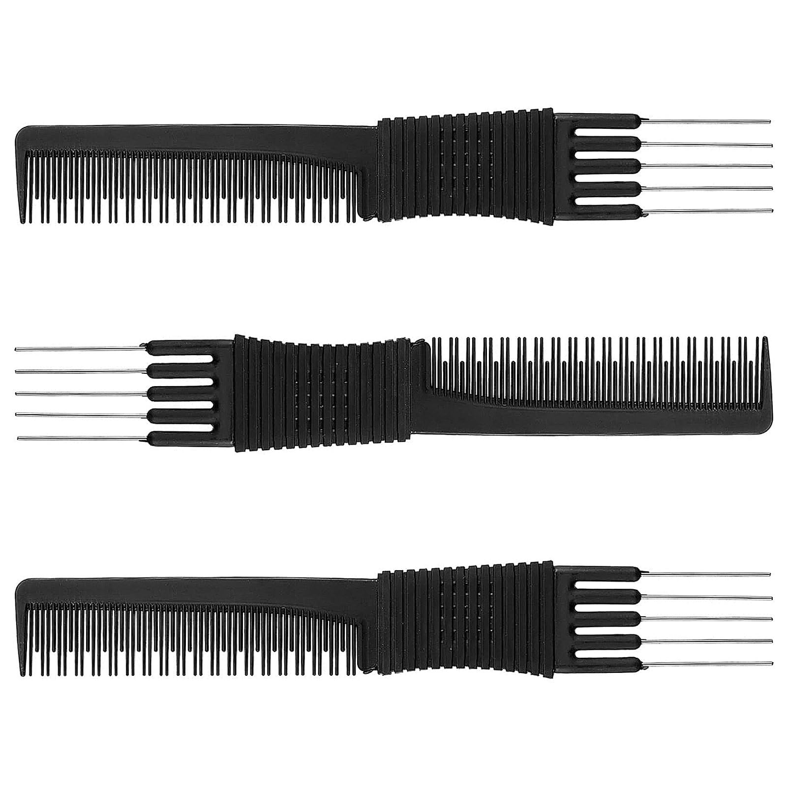 3 Pack Black Carbon Lift Teasing Combs with Metal Prong, Salon Teasing Back Combs, Black Carbon Comb with Stainless Steel Lift