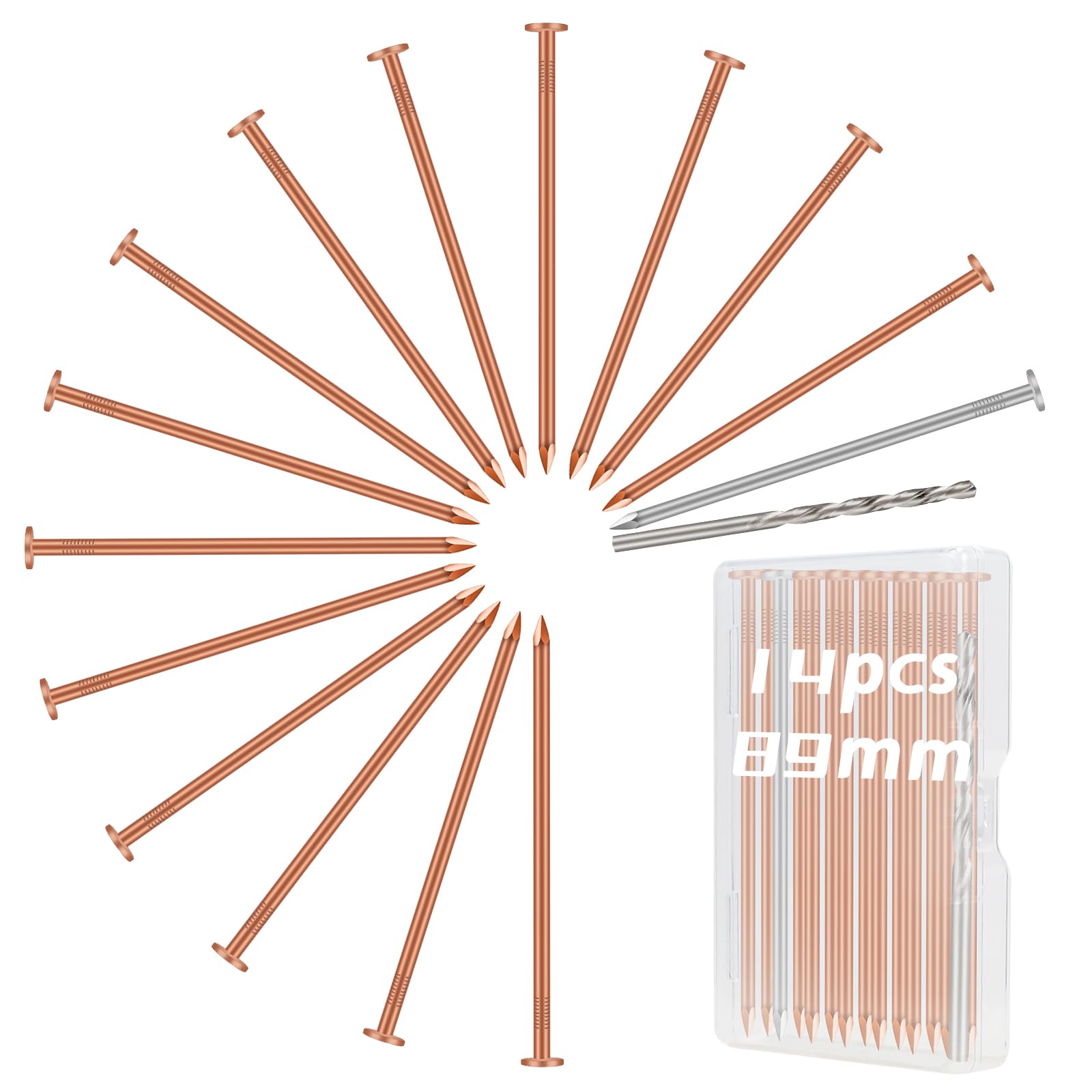 LALAGO Pack of 14 Large Copper Stump Killer, Copper Tree Stump Killer, 89mm Solid Copper Nail Nails with 89mm Large Steel Nails and 70mm Drilled Nails, for Stump Removal