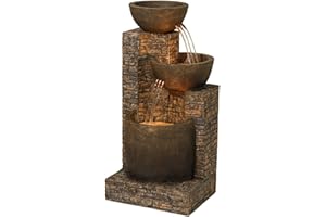 Mason Rustic Outdoor Floor Water Fountain 35" High with LED Light Cascading Three Bowls for Garden Patio Backyard Deck Home Lawn Porch House Relaxation Exterior Balcony Office - John Timberland