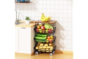 JUSDYRACK 4 Tier Vegetable Fruit Basket for Kitchen, Stackable Metal Fruit and Vegetable Storage Baskets with Rolling Wheels Cart, Fruteros Para Cocina Potato and Onion Bin Pantry Kitchen Island Cart Counter