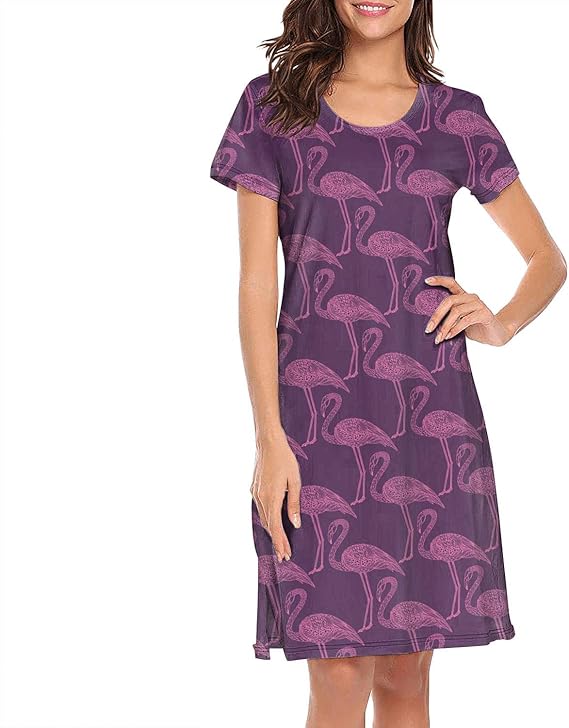 Cotton Short Sleeve Nightgowns Women's Hand Drawn Flamingo Birds
