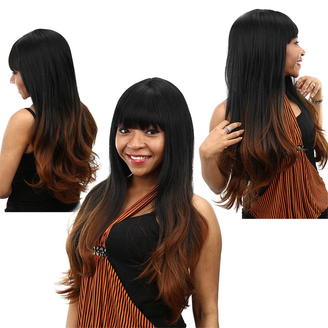 Synthetische Ombre Perücken für schwarze Frauen Lange wellige Cosplay dunkel braune Haare mit ordentlichen Pony Frisur Amazon Beauty