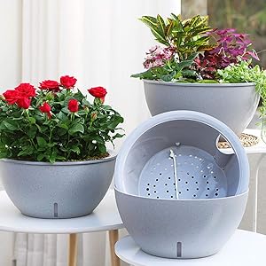 Sungmor Self Watering Planters 13.6 Inch Large Garden Bowl Micro Landscape Pots - 3PC Pack - Heavy Duty Modern Grey Marble Texture Big Plant Pots - Ideal Grow Veggies, Herbs, Succulents, Flowers