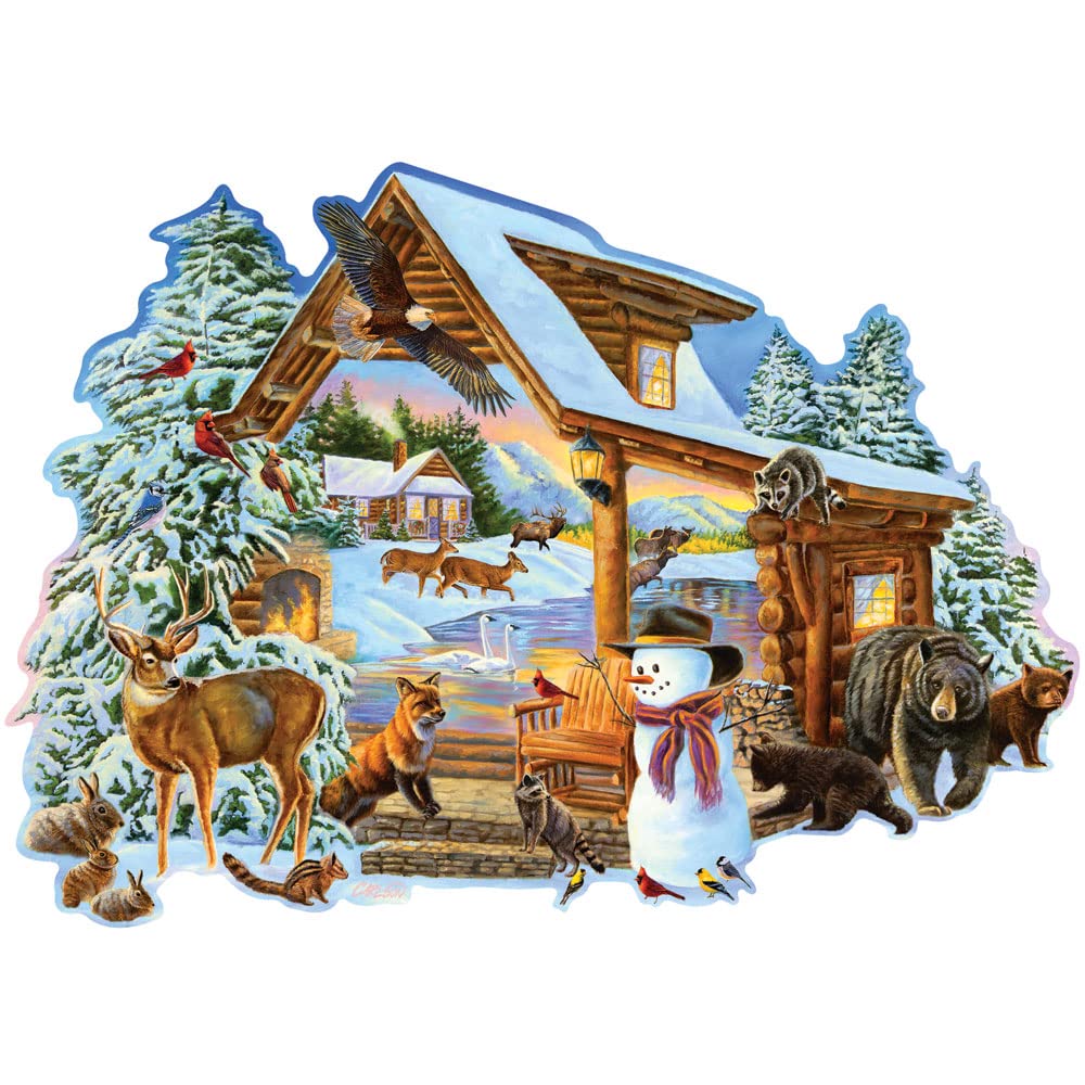 Bits and Pieces - 750 Piece Shaped Jigsaw Puzzle for Adults - Winter Cabin - 750 pc Snowman Forest Animals Jigsaw by Artist Cory Carlson