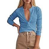 Tankaneo Womens Deep V Neck Tops Ribbed Knit Long Sleeve Henley T-Shirts Fall Slim Fit Going Out Tees