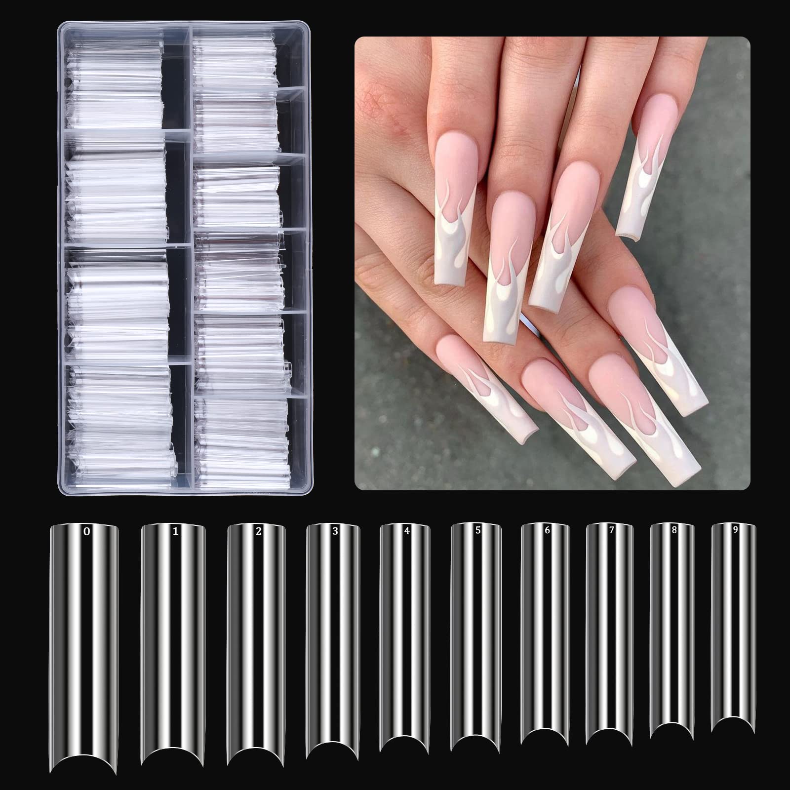 BQAN 500PCS Extra Long Nail Tips with Box - 10 Sizes XXL C Curve Half Cover Clear Fake Nails for Acrylic DIY Salon Use
